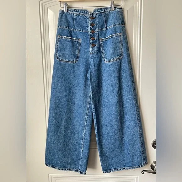 Free People Wide Leg High Rise Button Fly Jeans Size 27 Sailor Style Denim - Picture 2 of 14